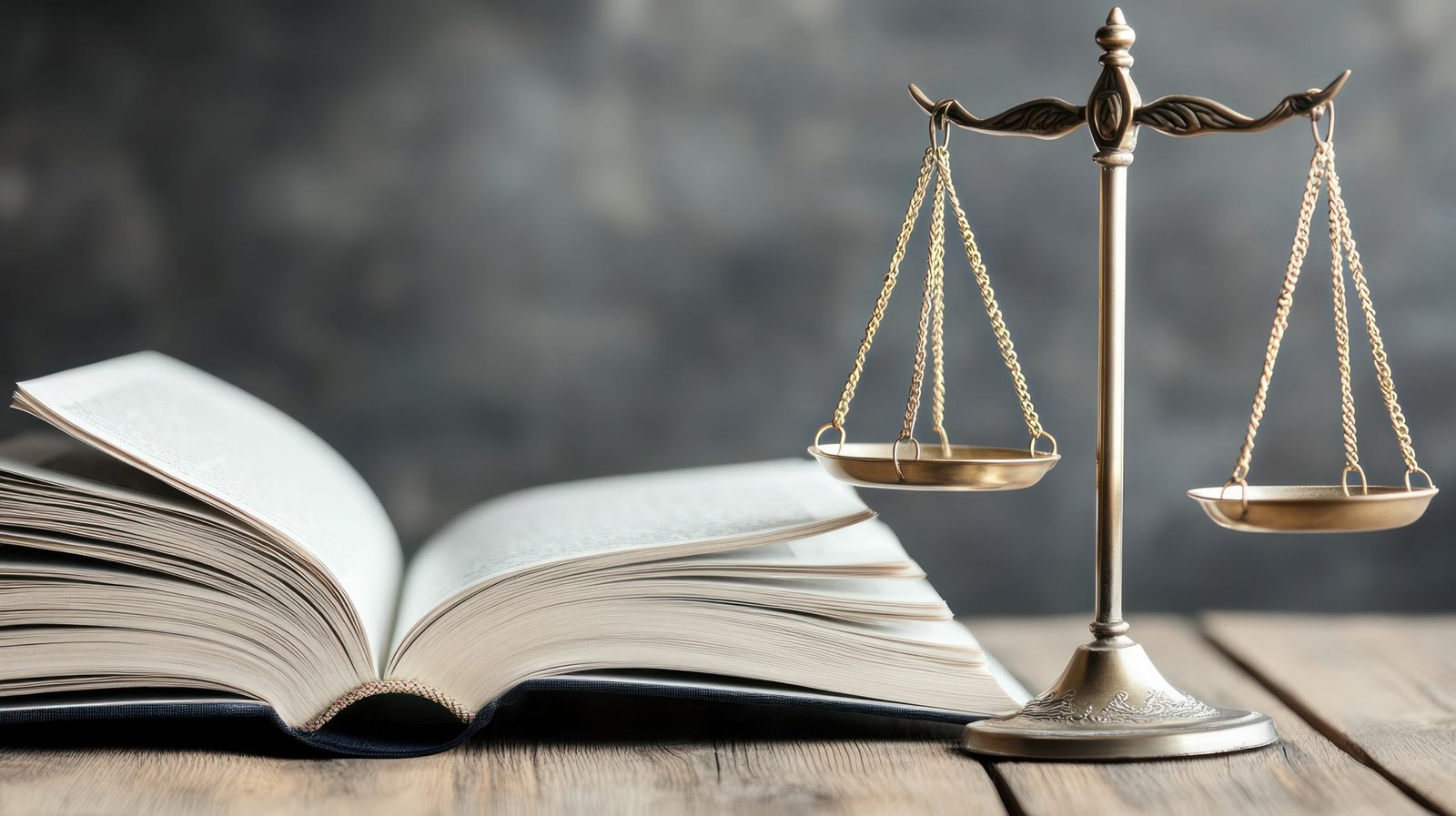 Open law book & justice scales on wooden table. Possible use Stock photo for legal themes, justice concepts, or education